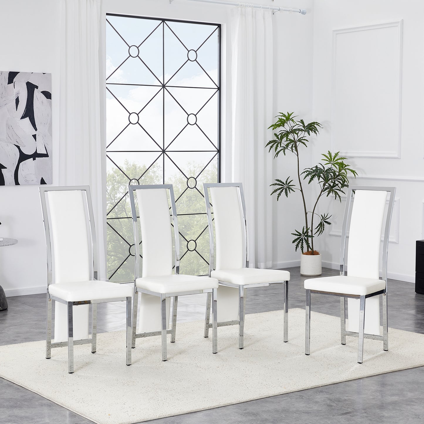 Set Of 4 European Minimalist Dining Chairs With Silver Edge. White PU Leather  Silver Luster Metal Frame, 109cm High, For Versatile Uses, Such As Dining Room, Office, Etc.