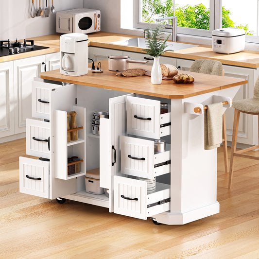 K&K 56 Inch Kitchen Island With Rubber Wood Veneer Drop Leaf, Power Outlet, 4 Door Shelves, Embossed Vertical Stripe Rolling Kitchen Cart On 4 Wheels With 6 Deep Drawers For Kitchen, Dining Room,White