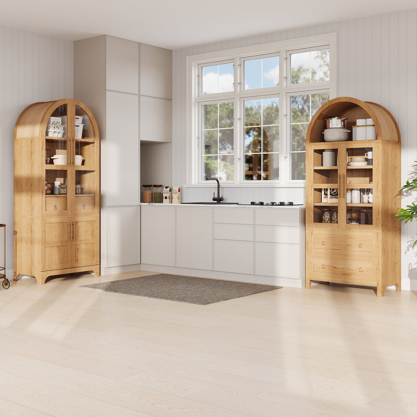 K&K 71  Tall Arched Kitchen Pantry Cabinet With Door Shelves, Farmhouse Kitchen Storage Cabinet With Open & Adjustable Shelves, Hidden Drawer & Glass Door, Cupboard For Kitchen, Dining Room, Natural