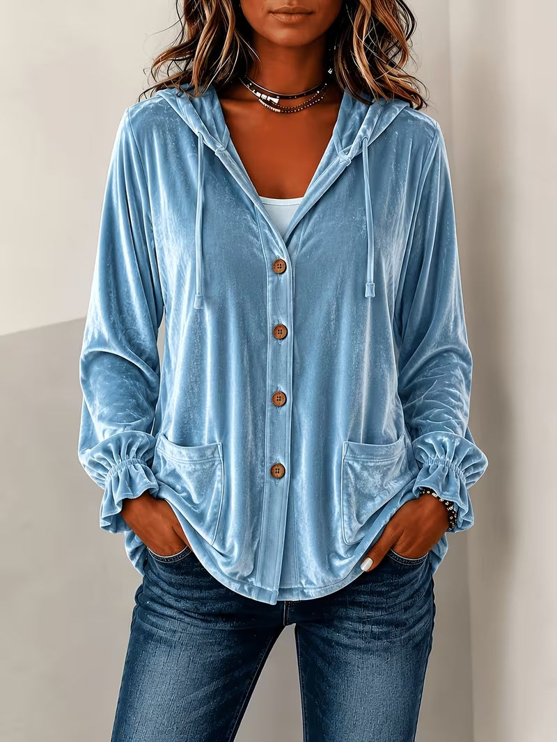 New Autumn Winter Fashion Button Velvet Hooded Cardigan, Solid Color Casual Cross-Border Women Outerwear