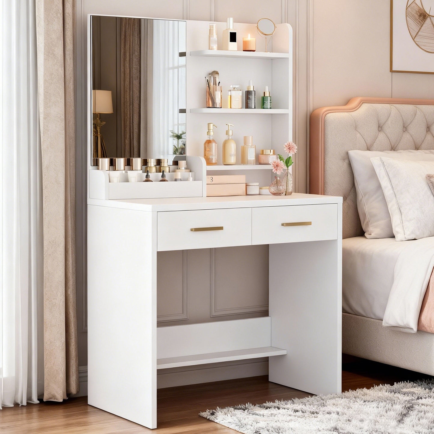 Vanity Table With Mirror 2 Drawers 3 Open Shelves Elegant White Makeup Desk For Bedroom Dorm Apartment