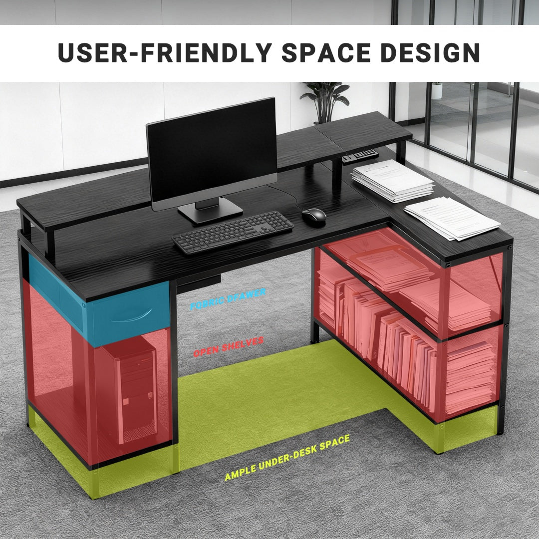 53-inch Gaming Table With USB Charging Port And LED Light, Reversible L-shaped Table With Power Socket And Monitor Stand