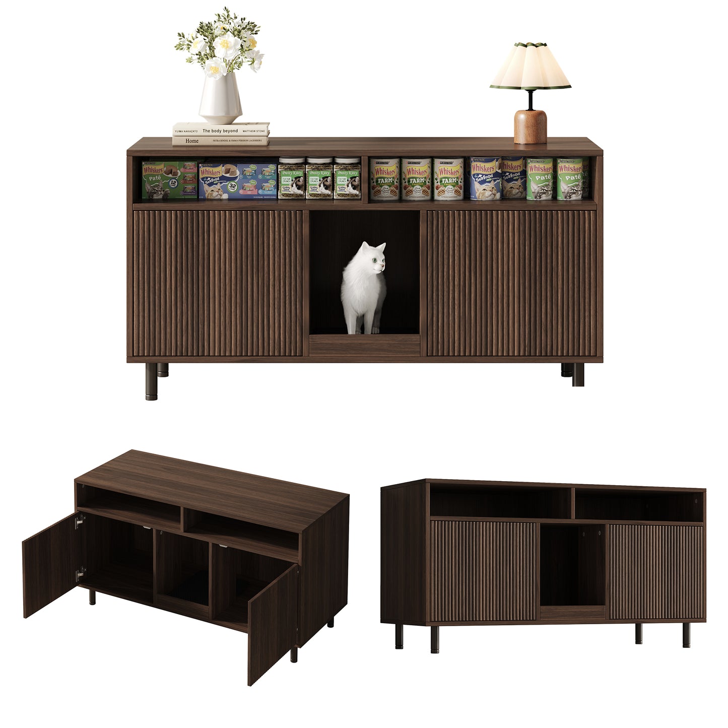 Cat Litter Box Cabinet Cat Litter Tray Cabinet With Sand Collecting Mat, Pet Cabinet With Shelf, Pet Sideboard TV Cabinet, Without Cat Litter Tray, 120x50x66cm, Walnut Colour