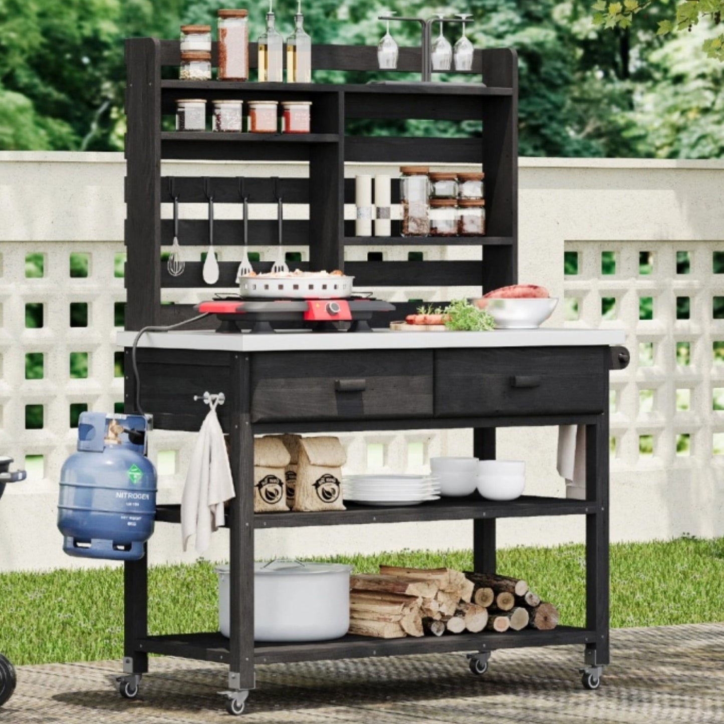K&K 64.9 H Outdoor Potting Bench Table With Lockable Wheels, Solid Wood Outdoor Kitchen Island With Upper Hutch, Stainless Steel Top, Towel Rack ,Outdoor Storage For Grilling, Lawn Garden  Black