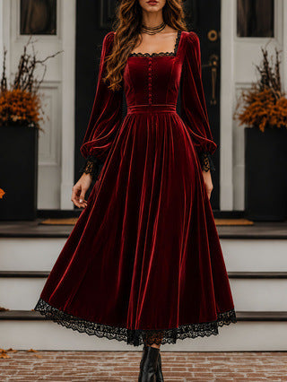 Square Neck Lace Spliced Velvet Dress For Women, New Autumn Winter Evening Gown