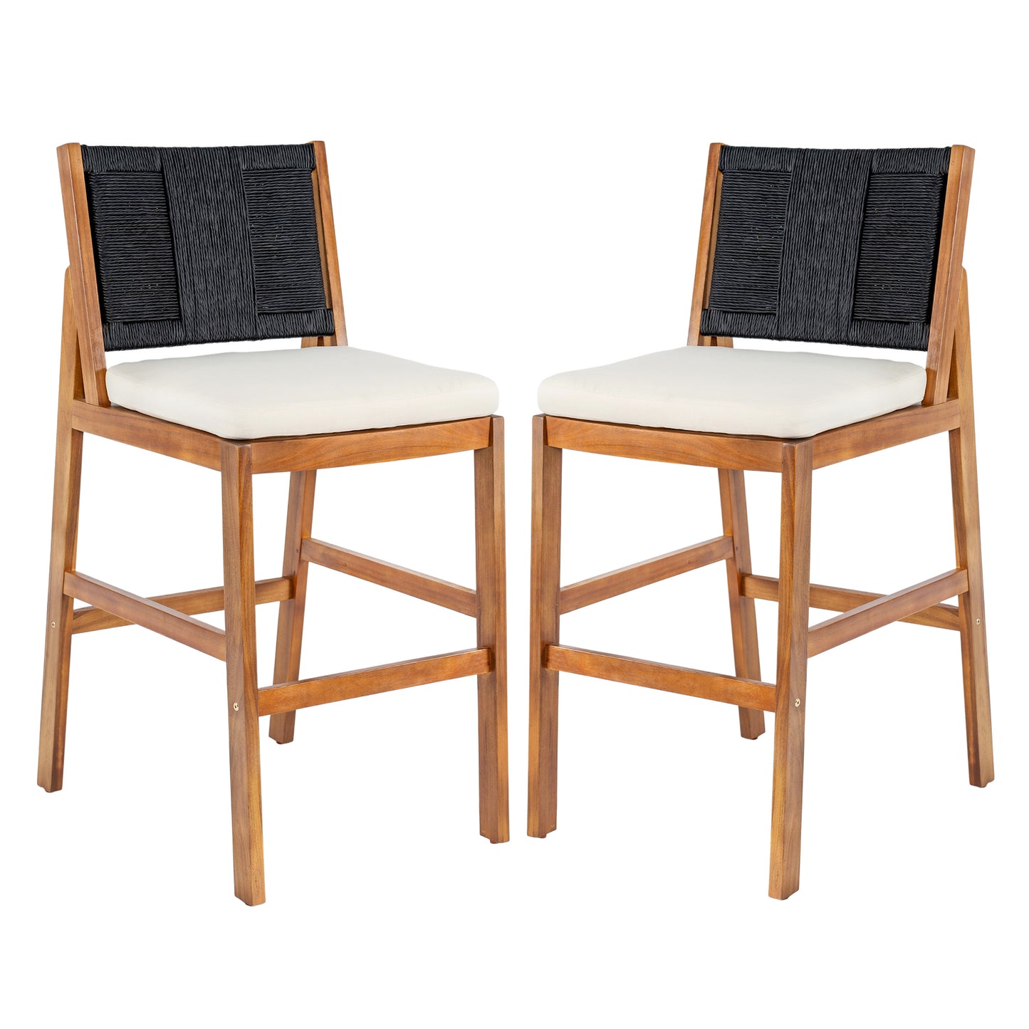 Outdoor Acacia Wood Bar Stools  Set Of 2 , Teak Finish Bar Height Chairs With Cream Cushion & Black Wicker Back, Counter Height Stools For Patio, Poolside, Kitchen Island