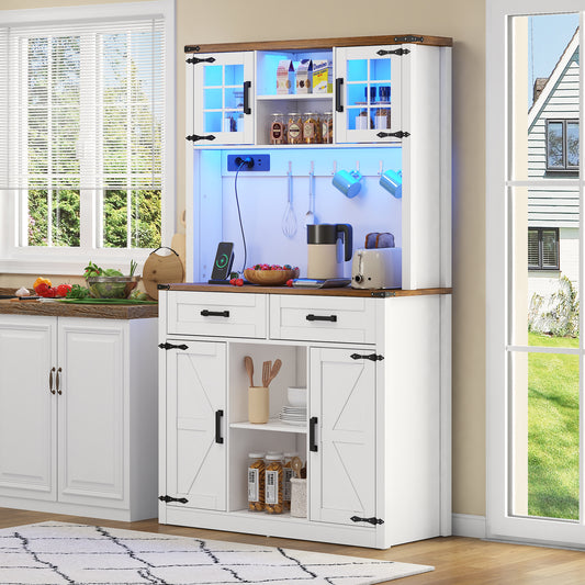 Kitchen Tall Pantry, Bar Cabinet With LED Lighting And Sockets, Buffet Cabinet With Charging Station, 2 Large Drawers, Barn Door Design, Adjustable Shelves, Rustic Coffee Bar Sideboard Table, White