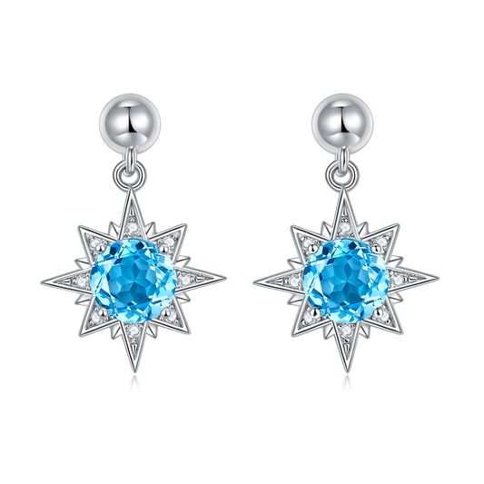 S925 Sterling Silver Star Dangle Earrings, 6mm Natural Blue Crystal, Platinum Plated Drop Earrings For Women, 3.2g, Jewelry Gift Box Set