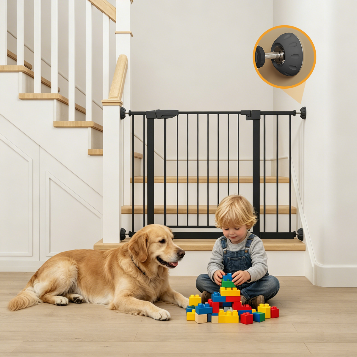 29.5-45.3" Wide Baby Gate with wall protector for Stairs, Dog Gate Indoor for Doorways, No Drilling Pressure Mounted Pet Gates for Kids, Easy Walk Through Safety Gate, Black