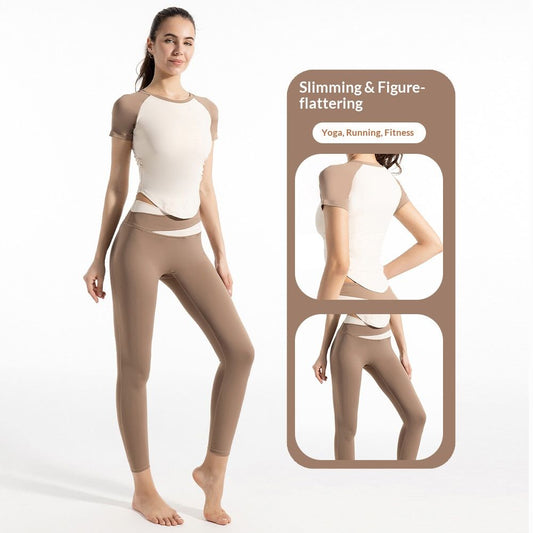 Color-Blocking Quick-Drying High-Elasticity Yoga Outfit Short-Sleeve Top Set High-Waisted Tight-Fitting Tummy Control Butt-Lifting Fitness Leggings