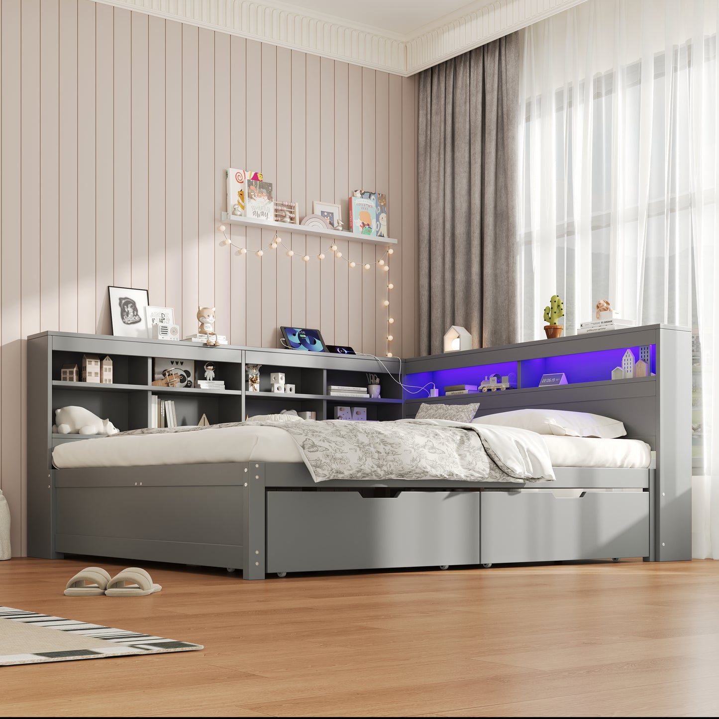 4ft6 Double Daybed With Two Storage Drawers And Beside Storage, LED Modern Bed Frame With Charging Station, Wood Bed For Living Room  Bedroom  Study Room, 135X190cm, Easy Assembly, Grey  No Mattress