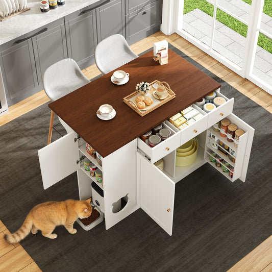 Kitchen Island, Kitchen Trolley & Sideboard With Drawers  With Pull-out Worktop, Spice Rack, Pet Eating Area  Without Cat Plate , White   Walnut Colour, 120x40 30 X90 Cm