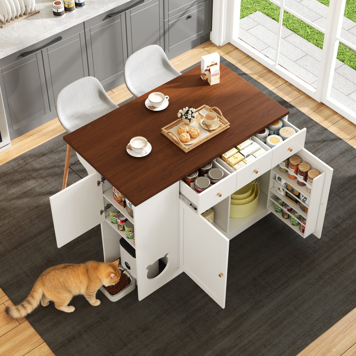 Kitchen Island, Kitchen Trolley & Sideboard With Drawers  With Pull-out Worktop, Spice Rack, Pet Eating Area  Without Cat Plate , White   Walnut Colour, 120x40 30 X90 Cm