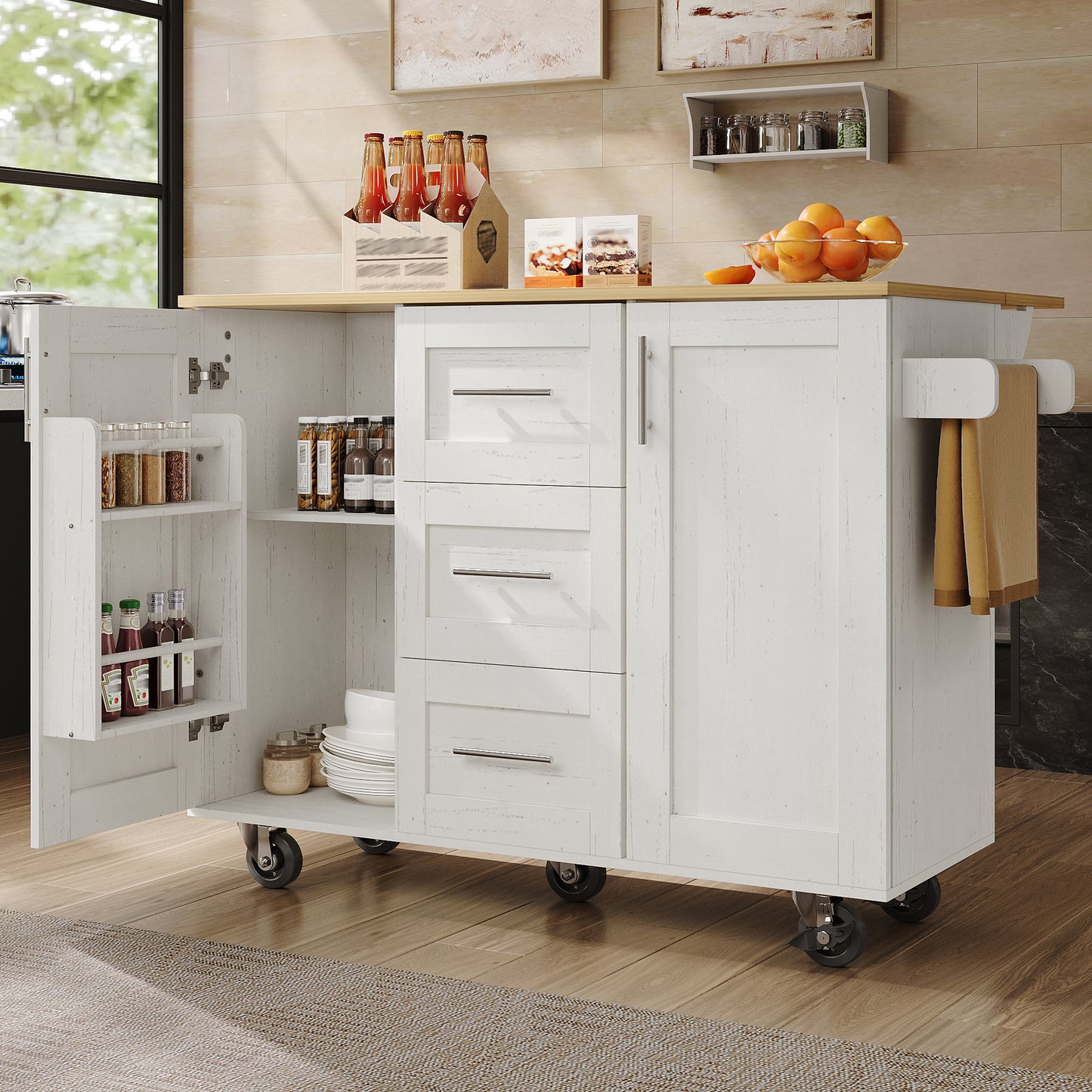 Kitchen Island, Removable Dividers, Castors Removable As Kitchen Cabinets, Dining Trolley With Worktop, Buffet Cabinet, Dining Trolley With Wood Grain, Side Towel Rail With Wheels, White