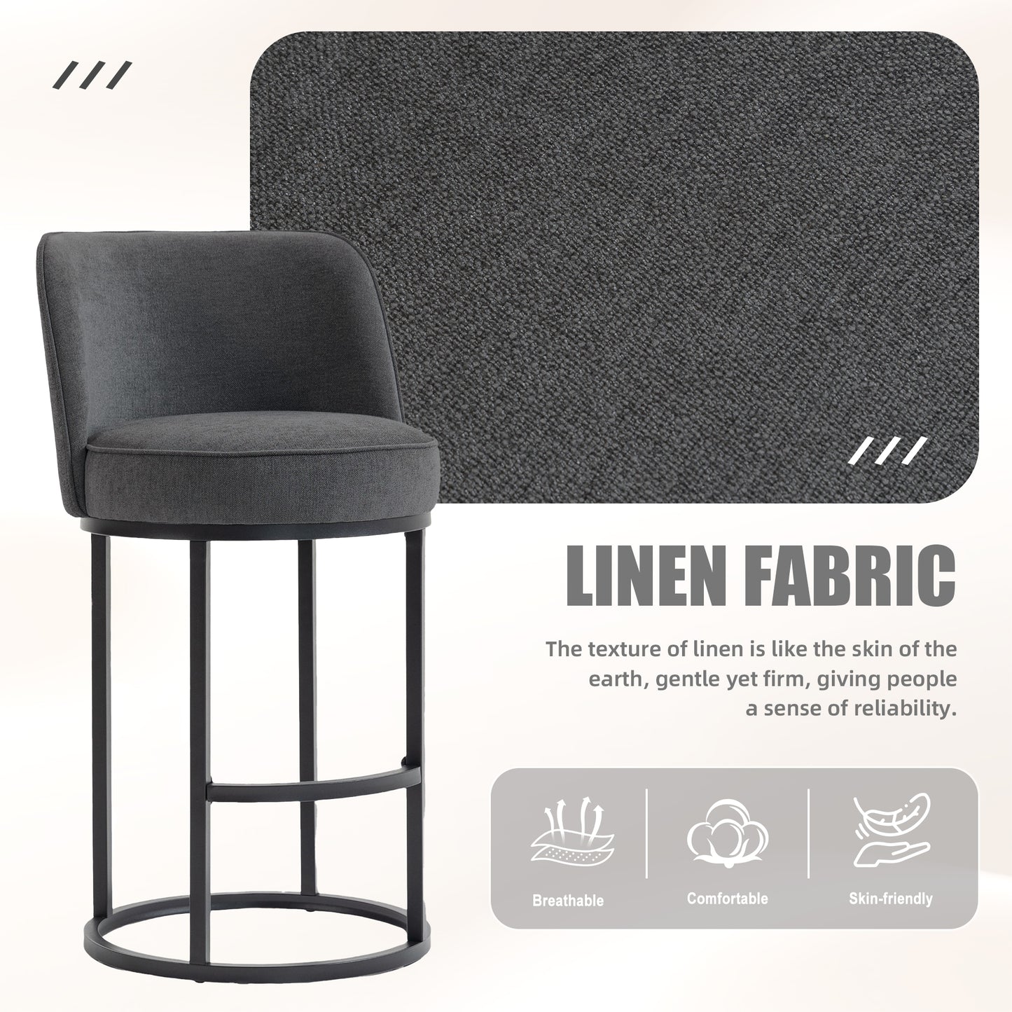 Counter Height Bar Stools Set Of 2, Modern Barrel Counter Stools With Backrest, Linen Fabric Upholstered Accent Bar Stools For Kitchen Island