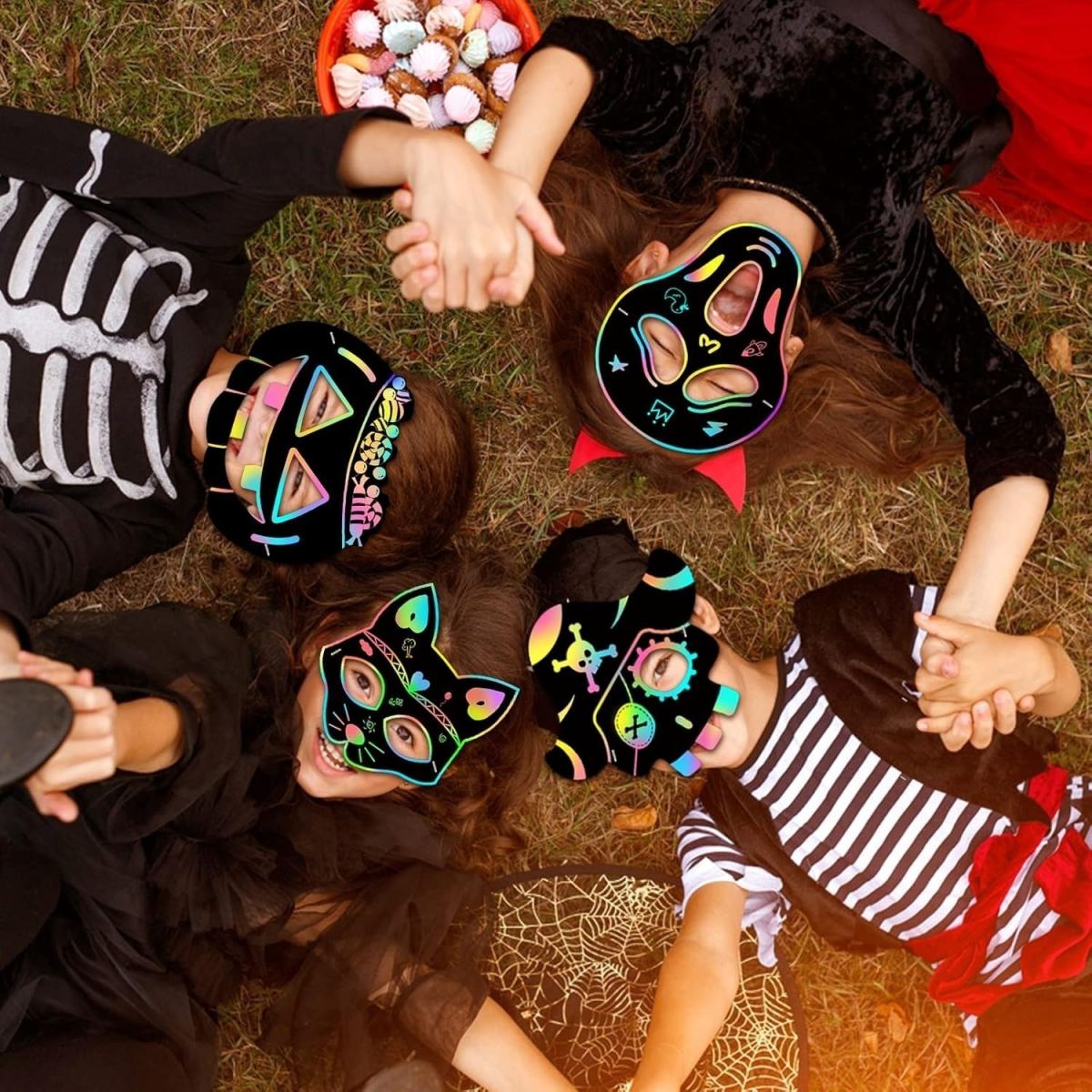 22 Halloween Scratch Masks - Rainbow Scratch Art Halloween Scratch Pictures - Crafts For Gifts, DIY, Party Supplies, Cosplay Props