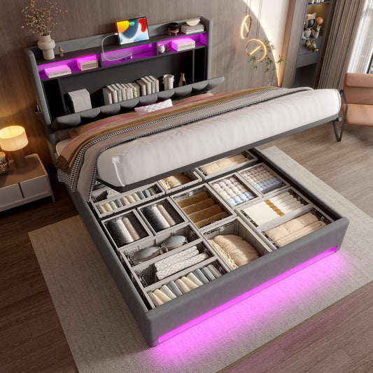140 X 200cm Upholstered Bed Frame With LED Lighting, USB Type-C Charging And Underbed Storage, Storage Headboard, Hydraulic Storage Bed Frame, Grey, Without Mattress