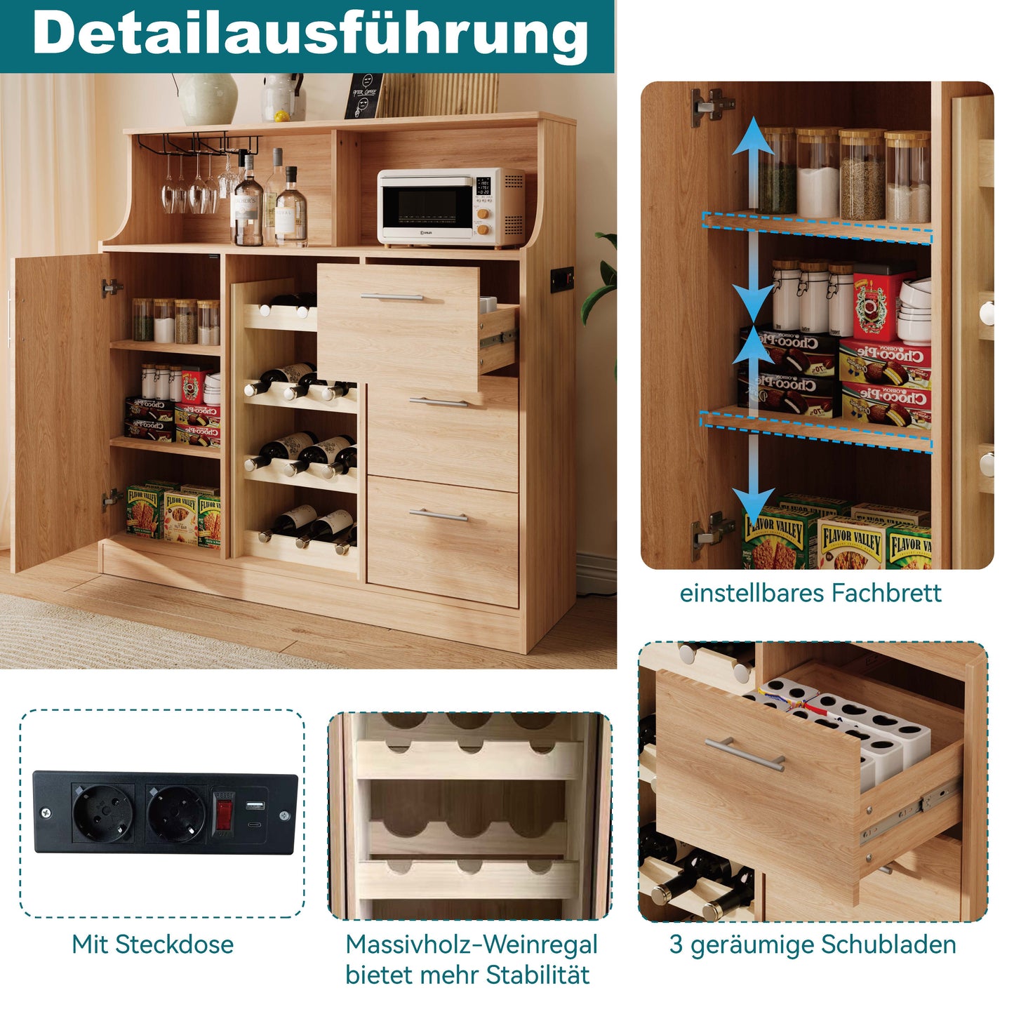 Sideboard, Restaurant-bar With LED, Sockets, Glass Holder, Wine Rack, Multi-layer Storage Space, Suitable For Use In The Restaurant And Kitchen