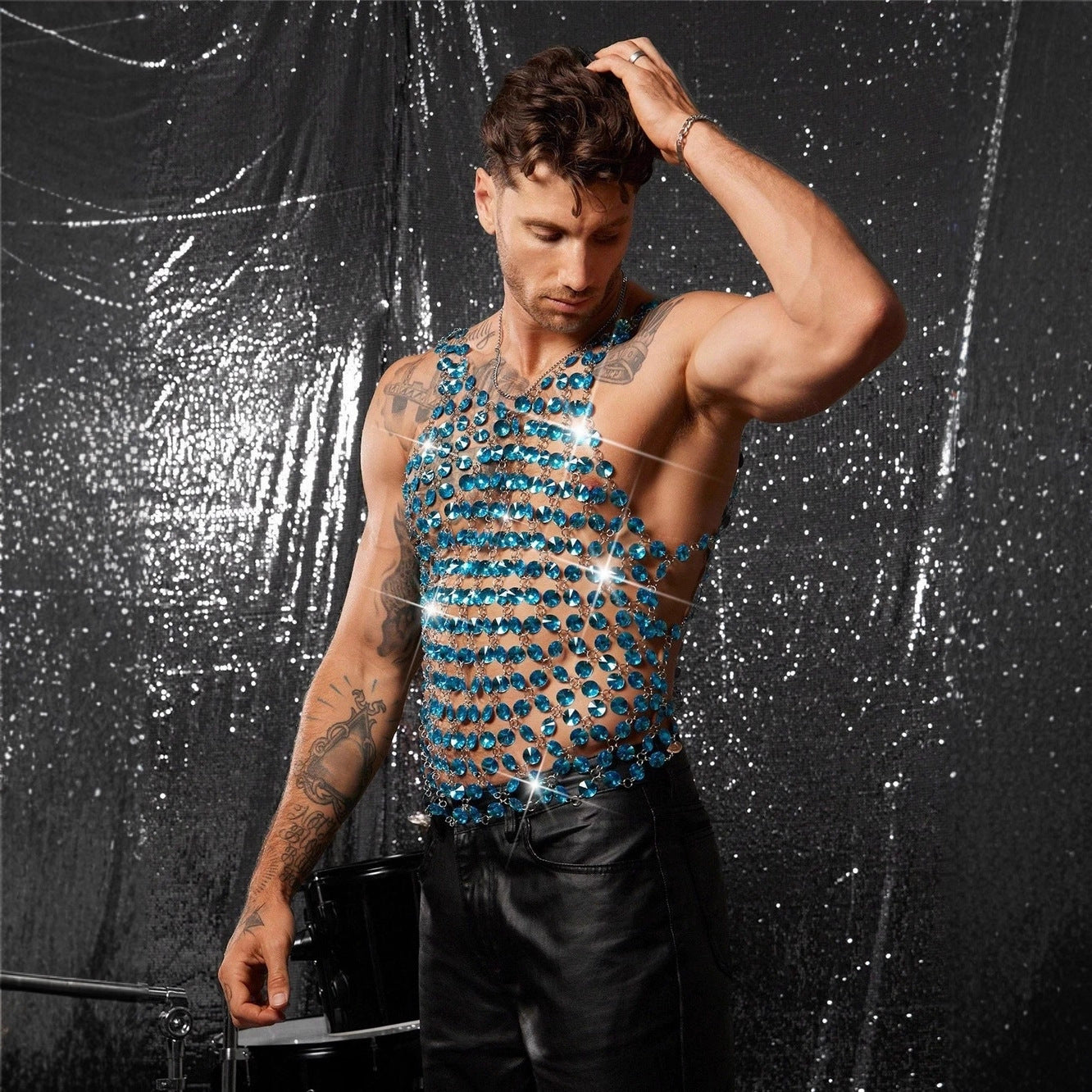 Mens Body Chain Spliced With Blue Gemstones, Metal Hollowed-Out Tank Top