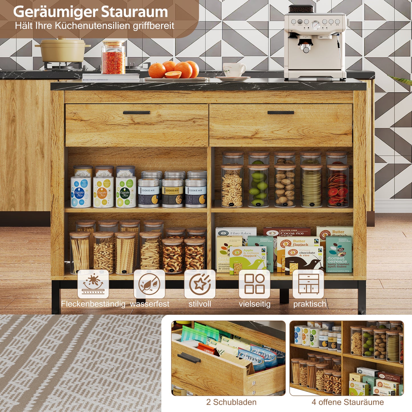120x75x90cm, Country Style Kitchen Island - Kitchen Island With 2 Drawers And 4 Open Shelves, Oak Grain, Black Marble Worktop, Metal Frame, Back With Bar Area