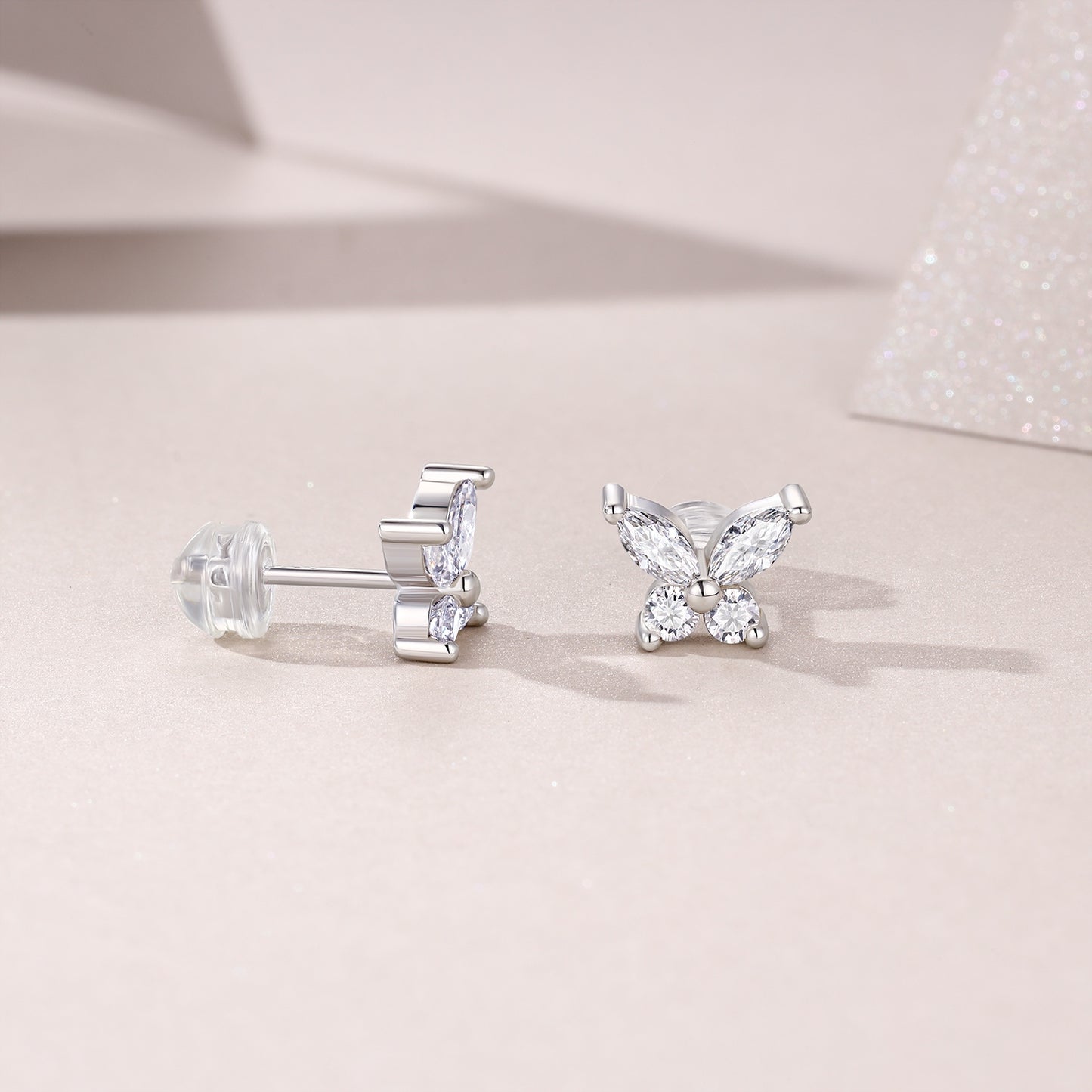 S925 Sterling Silver Butterfly Stud Earrings, D-VVS1 Moissanite Marquise & Round Cut, Platinum Plated 1.6g Women's Jewelry Gift Box