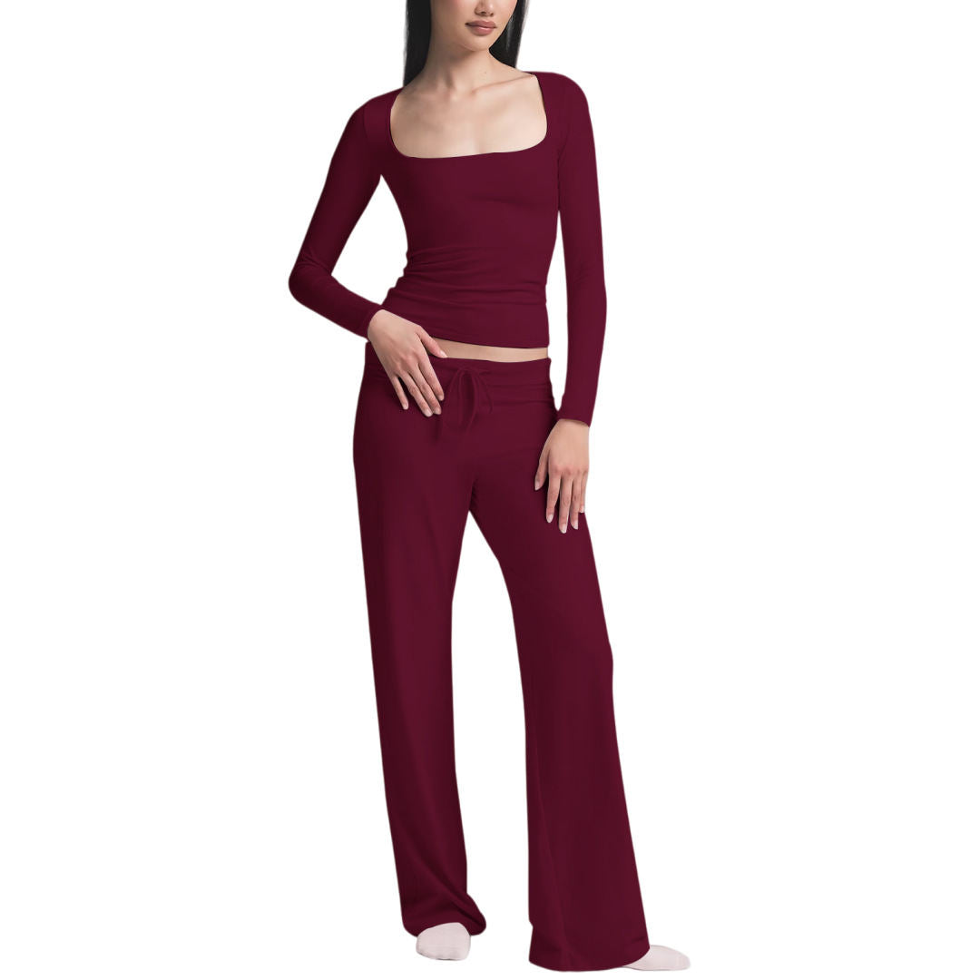 Women's Long-Sleeve Square-Neck Top And Yoga Pants Two-Piece Set