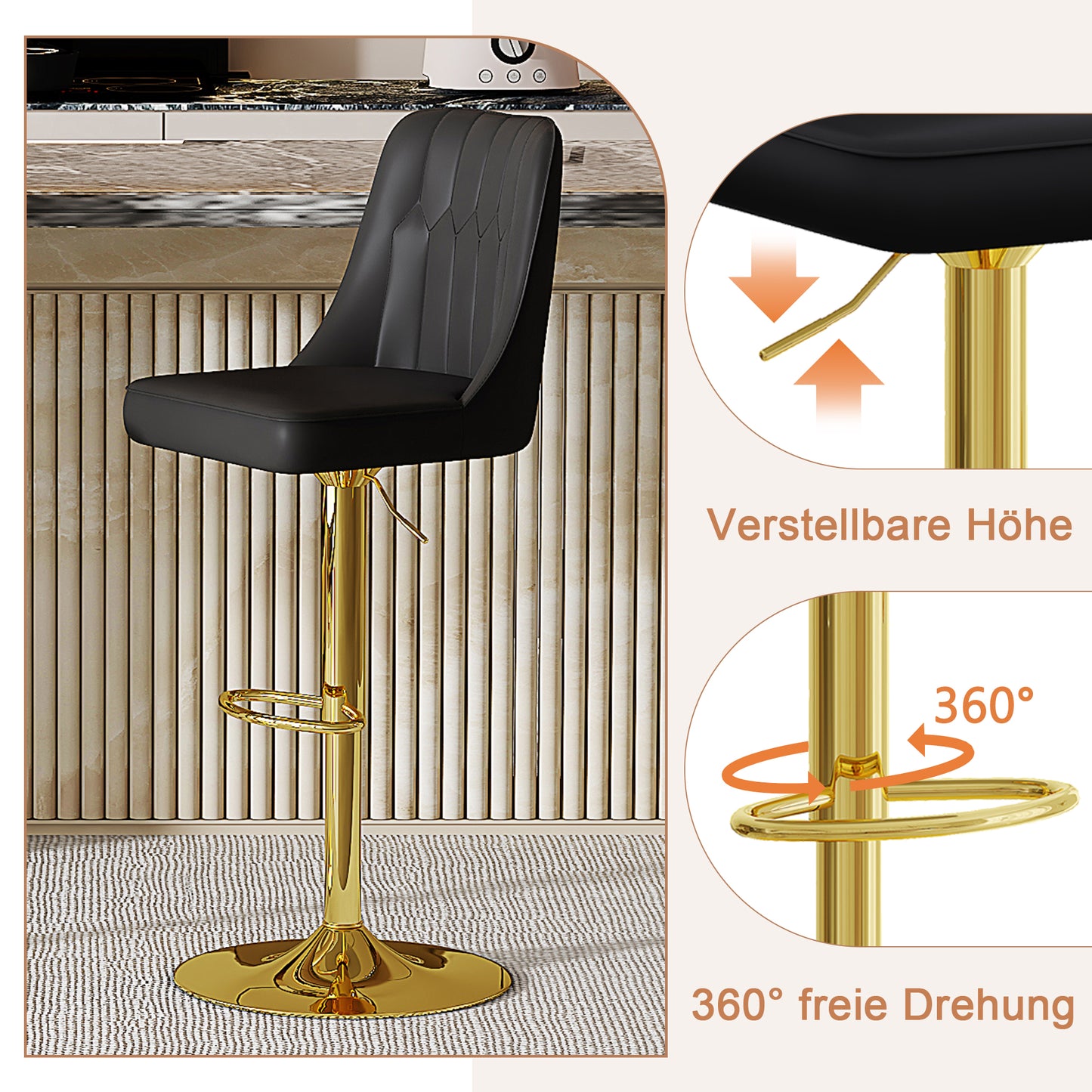 Height-adjustable Bar Stool In Set Of 2, 360  Swivel, Backrest With Black PU Leather And Quilted Pattern, Legs Made Of Golden Metal. Suitable For Kitchen Islands And Bar Counters.