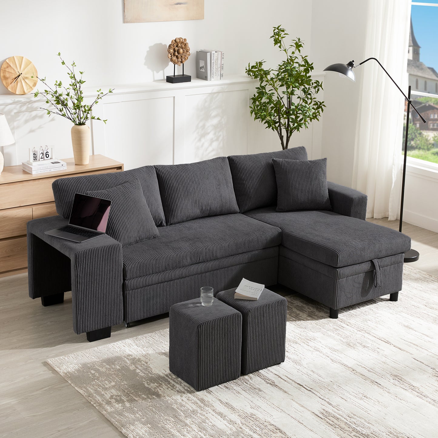 Folding Sofa With Sleeping Function, L-shaped Convertible Corner Sofa With USB Charging Port And Cushions, 3-seater Convertible Sofa With Side Shelves And Storage Space