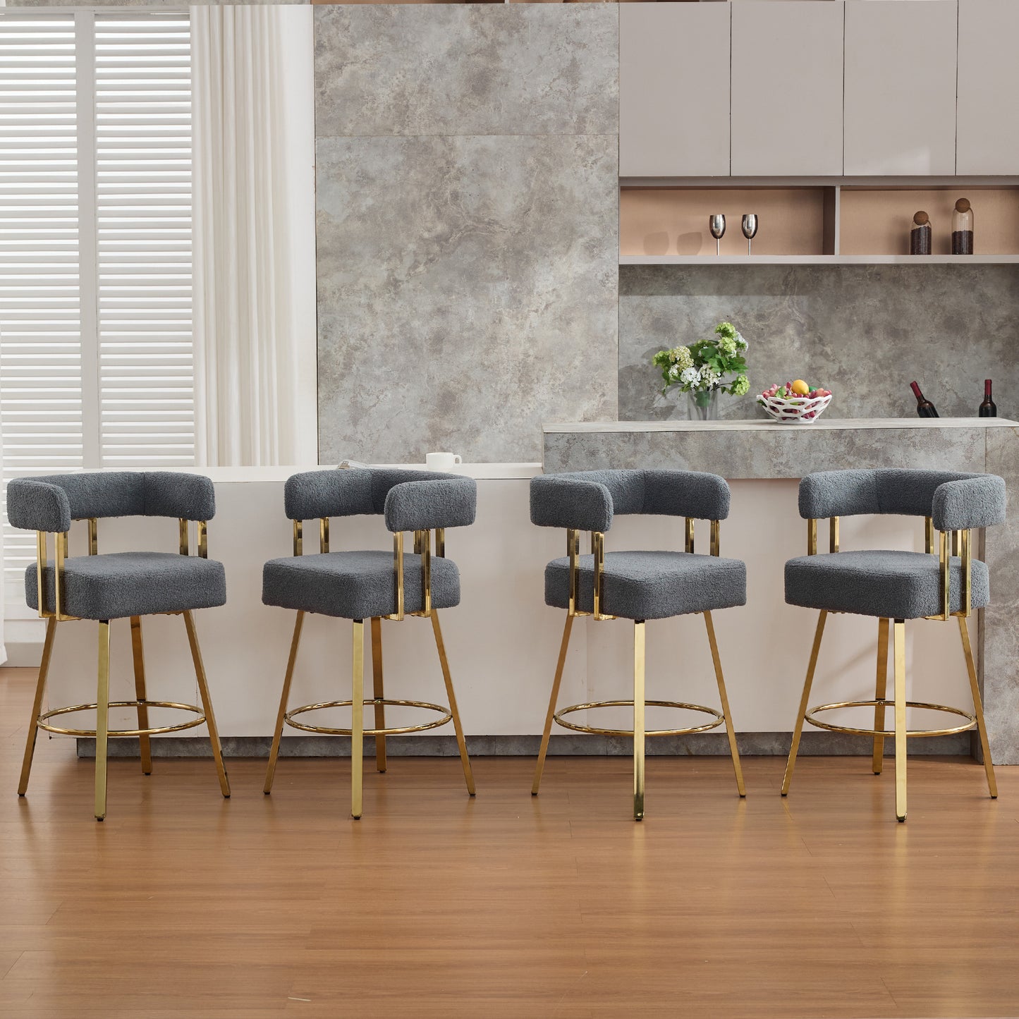 TS Modern Decorative Chair, Living Room Side Chair With Gold Metal Legs, No Wheels, Suitable For Dressing Area, Reception Room, Office,Teddy Fleece Upholstered Metal Foot Bar Chairs 2PC Gray