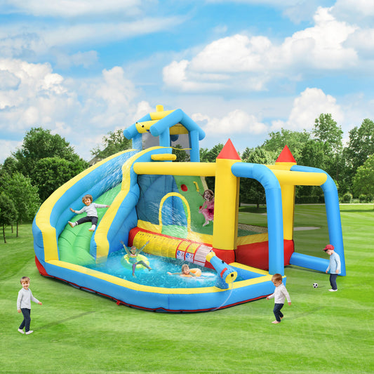 Kids Bouncy Castle, 5 In 1 Inflatable Bouncy Castle For Kids 3-10 Years Old, Outdoor Castle Bouncer With Slide Jumping Area Water Pool Football Net, Inflatable Size 364x315x239cm