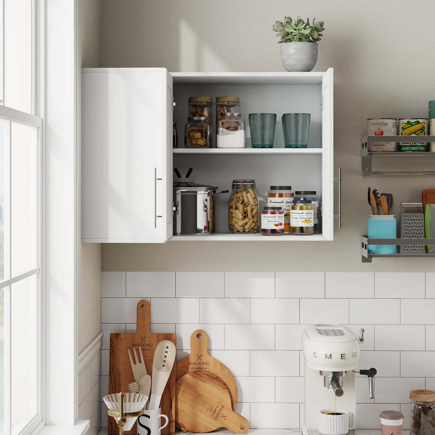 L Shape Wall Mounted Kitchen Sideboard Cabinet With 2 Door, 3 Layers Shelves, Storage Buffet Cabinet For Bathroom, Dining Rooms