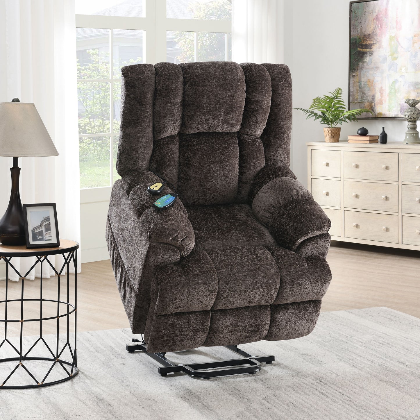Pacay Brown Chenille Power Motion Recliner With Lift, Heating & Massage Function