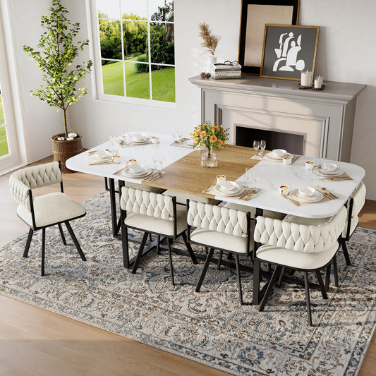 9-Piece Square Dining Table Set, Fixed White Faux Marble & Wood Grain Triamine Tabletop With 8 Beige Velvet Chairs, Modern Kitchen Table Set For 8 People, Ideal For Family Gatherings, Dining Room