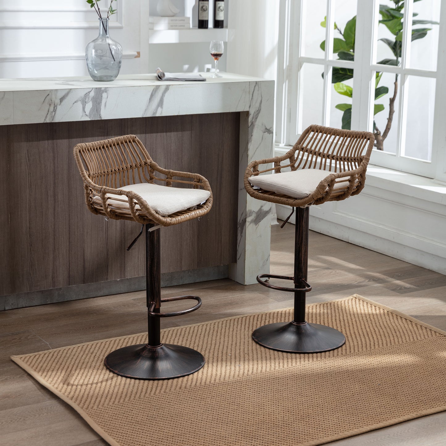 Modern Swivel Bar Stools Set Of 2 Adjustable Counter Height Chairs With Footrest For Kitchen, Dining Room  Beige
