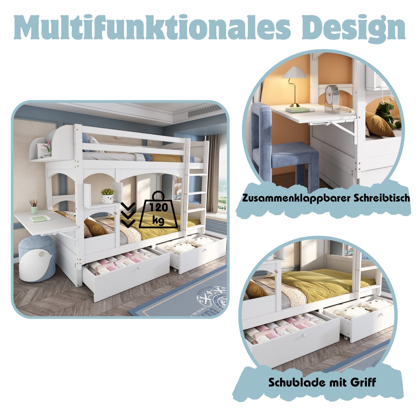 Children's Bunk Bed, Double Bed, Multifunctional Cot, With Foldable Desk And Shelf, With Ladder And 2 Drawers, Without Mattress, Solid Wood Slatted Frames, White, 90x200