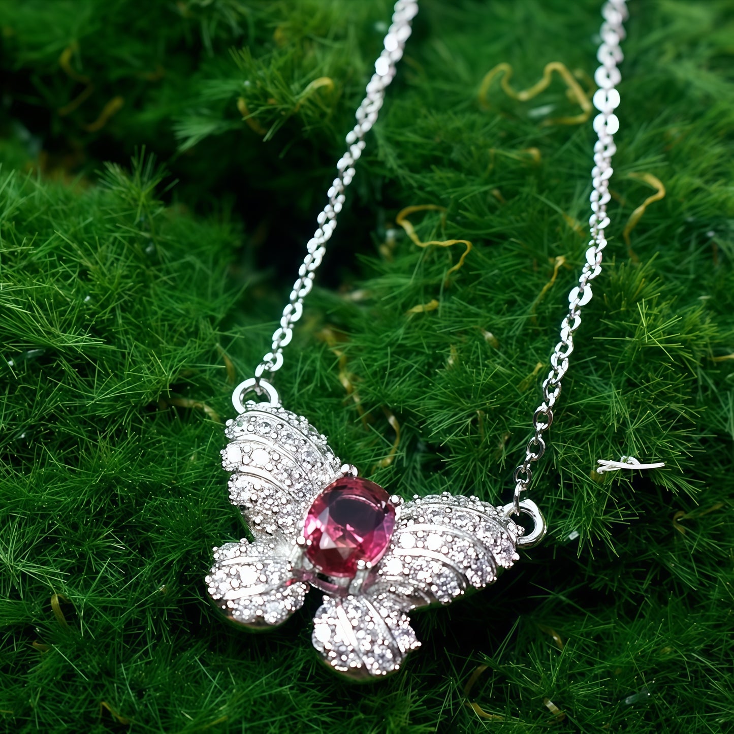 Oval Cut Hot CZ Butterfly Pendant Necklace For Women, Copper Plated Silver Full Pave White Cubic Zirconia Elegant Wedding Party Statement Jewelry Gift