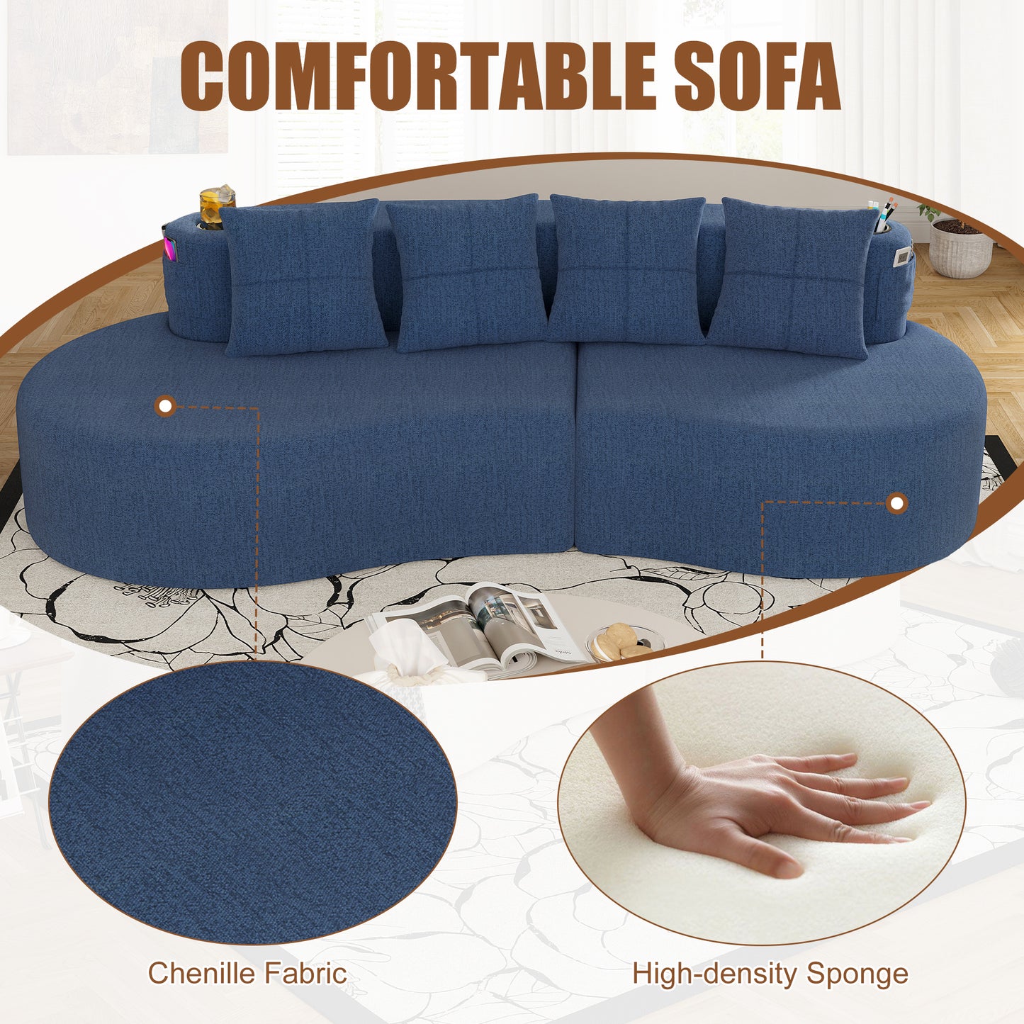 Modern Curved Sectional 3 Seat Minimalist Elegant Half Moon Sofa Compressed Modular Sectional Sofa For Living Room, Office, Apartment