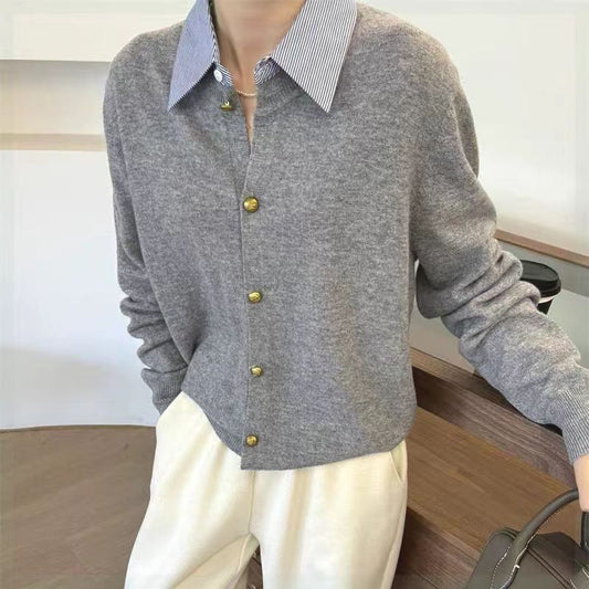 Temperament Commute Korean Style Shirt Collar Single-breasted Knitted Cardigan Sweater