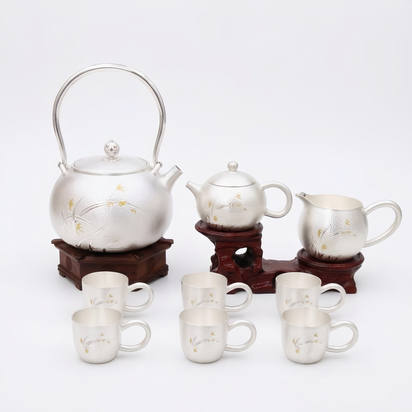 925 Sterling Silver Elegant  Tea Set with Traditional Floral Design and Wooden Stands - Handicraft