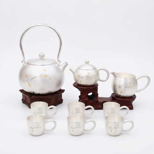 925 Sterling Silver Elegant  Tea Set with Traditional Floral Design and Wooden Stands - Handicraft