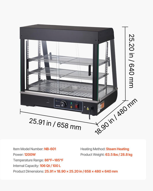3-Tier Commercial Food Warmer Display, 1200W Food Display Warmer With LED Light, Top Storage And Adjustable Shelves, 86℉~185℉ Steam Heating, 106Qt/100L For Hamburger, Pizza, Bread, Fried Chicken