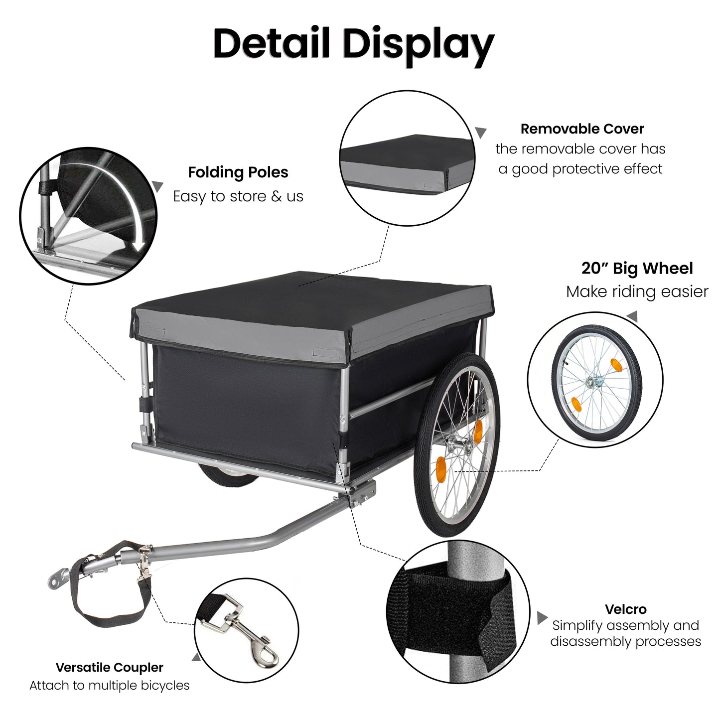 Foldable Bicycle Bike Cargo Trailer With 20  Wheels  Removable Cover  Folding Frame Quick Release  Bike Cart Bike Wagon Trailer For Luggage  Tools  Groceries. Black Gray