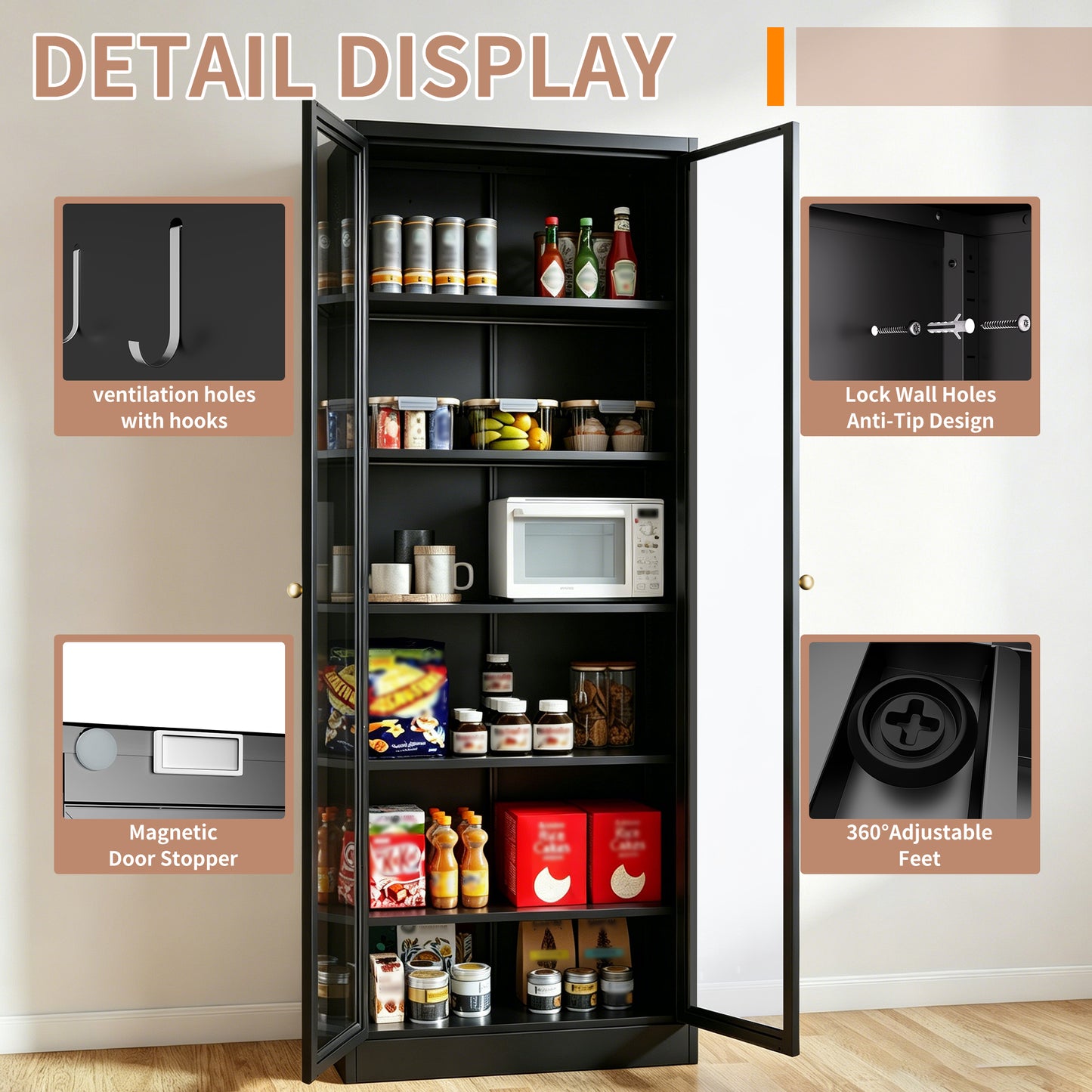 Metal Kitchen Pantry Cabinet - 72  Tall Storage With 5 Adjustable Shelves, Black Freestanding Cabinet For Kitchen Pantry Bathroom