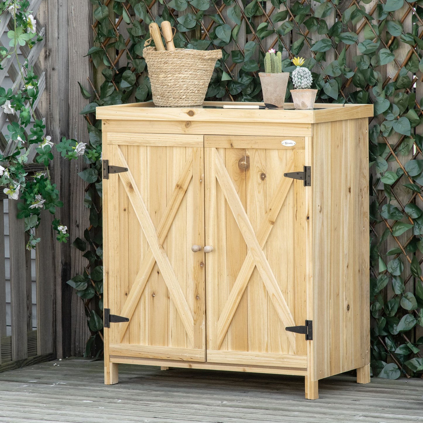Garden Storage Cabinet, Outdoor Tool Shed With Galvanized Top And Two Shelves For Yard Tools Or Pool Accessories, Natural