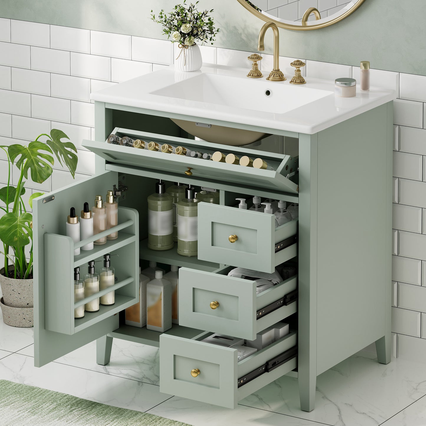 30-Inch Green Bathroom Vanity With Sink, Modern MDF And Rubberwood Cabinet With 3 Drawers And Adjustable Shelf, Freestanding Vanity For Bathroom Storage And Organization Left Door