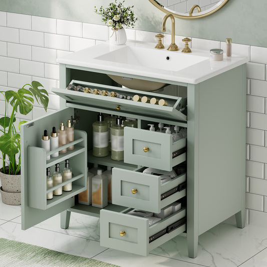 30-Inch Green Bathroom Vanity With Sink, Modern MDF And Rubberwood Cabinet With 3 Drawers And Adjustable Shelf, Freestanding Vanity For Bathroom Storage And Organization Left Door
