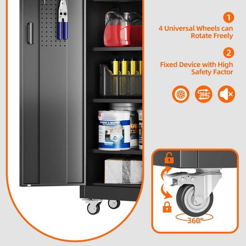 Aobabo Metal Storage Cabinet With Wheels And Door Pegboard Garage And Business Storage For Tools And Office Supplies 5 Adjustable Shelves, Lockable Black Cabinet