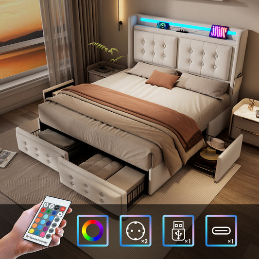 Upholstered Bed 140x200, Double Bed With LED Headboard And USB C Charging Function And 4 Drawers, Storage Beds With Wooden Slatted Base And Metal Frame, Load Capacity 300 Kg, Beige, Cotton Without Mat