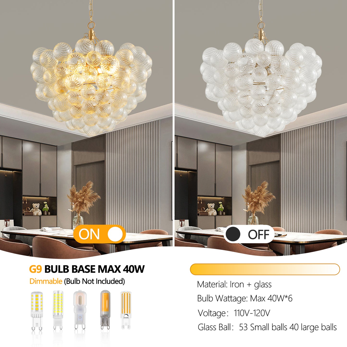 23.6-Inch Gold Pendant Light Chandelier With Threaded Clear Glass Globe Shade - Adjustable Height, Ideal For Living Room, Dining Room, Kitchen  No Bulbs