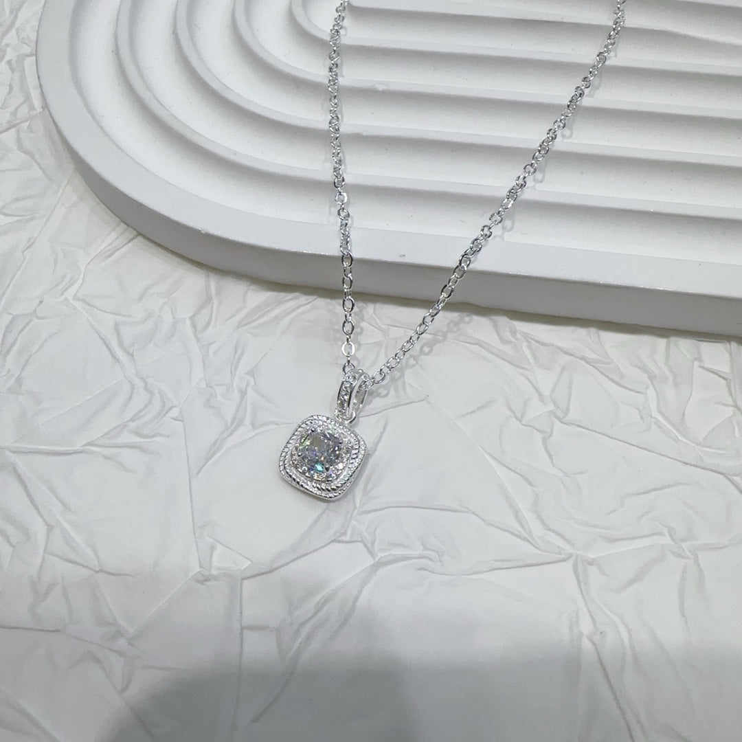 1pc 999 Sterling Silver Square Zircon Pendant Necklace, Elegant & Shiny Style, Perfect For Daily, Dating & Gifting, Ideal Valentine's Gift